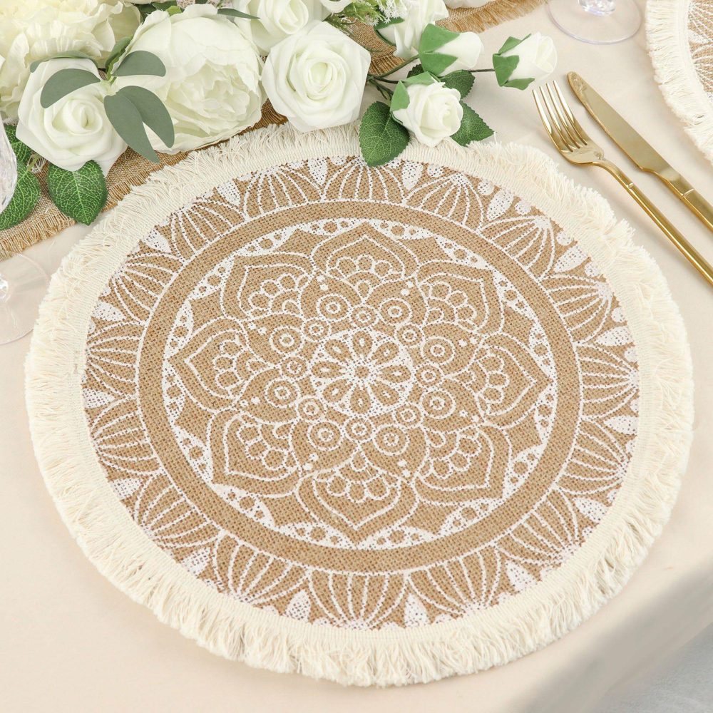 4 Pack Natural Jute and White Mandala Print Fringe Placemats, Rustic Round Woven Burlap Tassel Table Mats 15″  |   Reusable Placemats Charger Plates Mandala Print w/ Fringe Rim