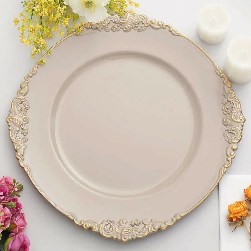 6 Pack Nude Taupe Gold Embossed Baroque Round Charger Plates With Antique Design Rim 13″  |   Acrylic Charger Plates Acrylic Charger Plates Acrylic Charger Plates