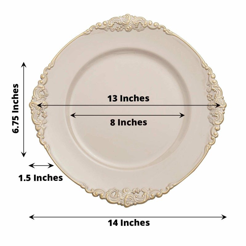 6 Pack Nude Taupe Gold Embossed Baroque Round Charger Plates With Antique Design Rim 13″  |   Acrylic Charger Plates Acrylic Charger Plates Acrylic Charger Plates