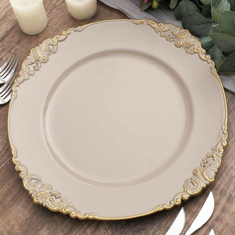 6 Pack Nude Taupe Gold Embossed Baroque Round Charger Plates With Antique Design Rim 13″  |   Acrylic Charger Plates Acrylic Charger Plates Acrylic Charger Plates