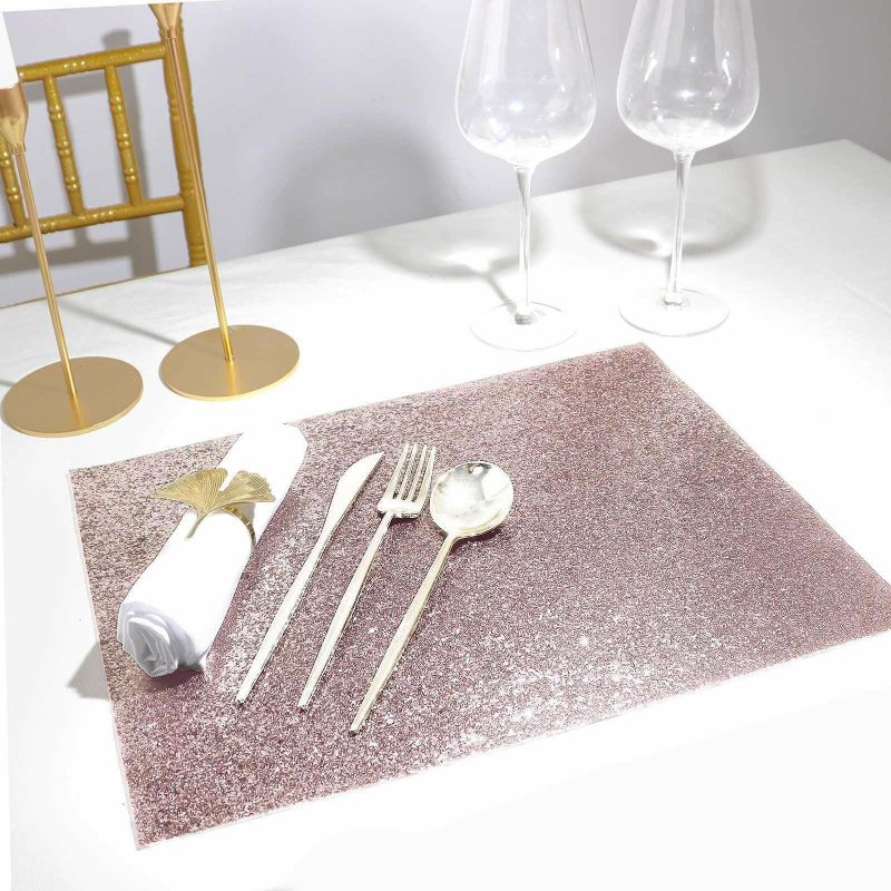 6 Pack Rose Gold Sparkle Placemats, Non Slip Decorative Rectangle Glitter Table Mat  |   Reusable Placemats Reusable Placemats