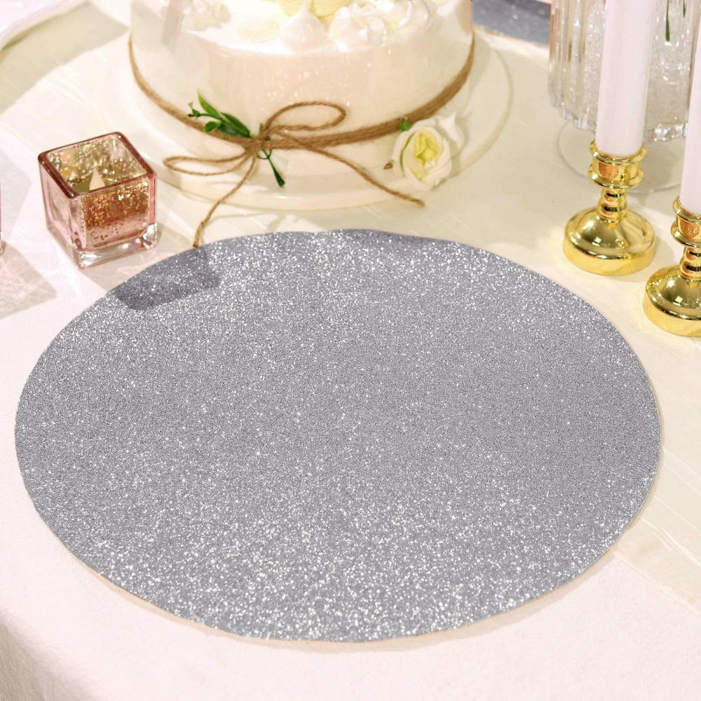 6 Pack Silver Sparkle Placemats, Non Slip Decorative Round Glitter Table Mat  |   Reusable Placemats Charger Plates Reusable Placemats