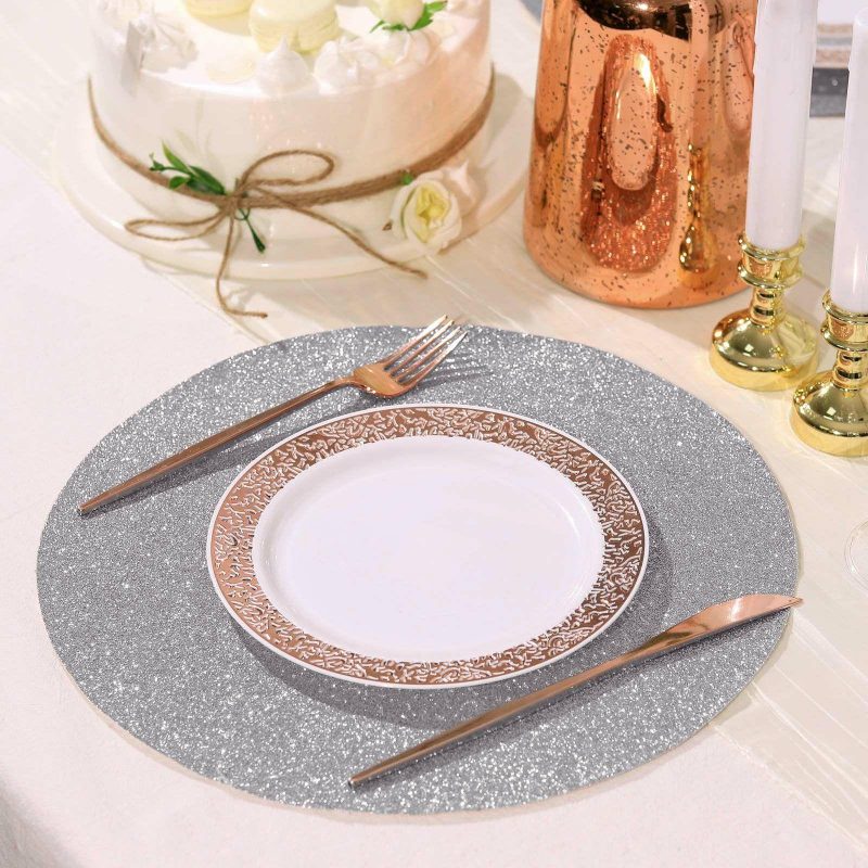 6 Pack Silver Sparkle Placemats, Non Slip Decorative Round Glitter Table Mat  |   Reusable Placemats Charger Plates Reusable Placemats