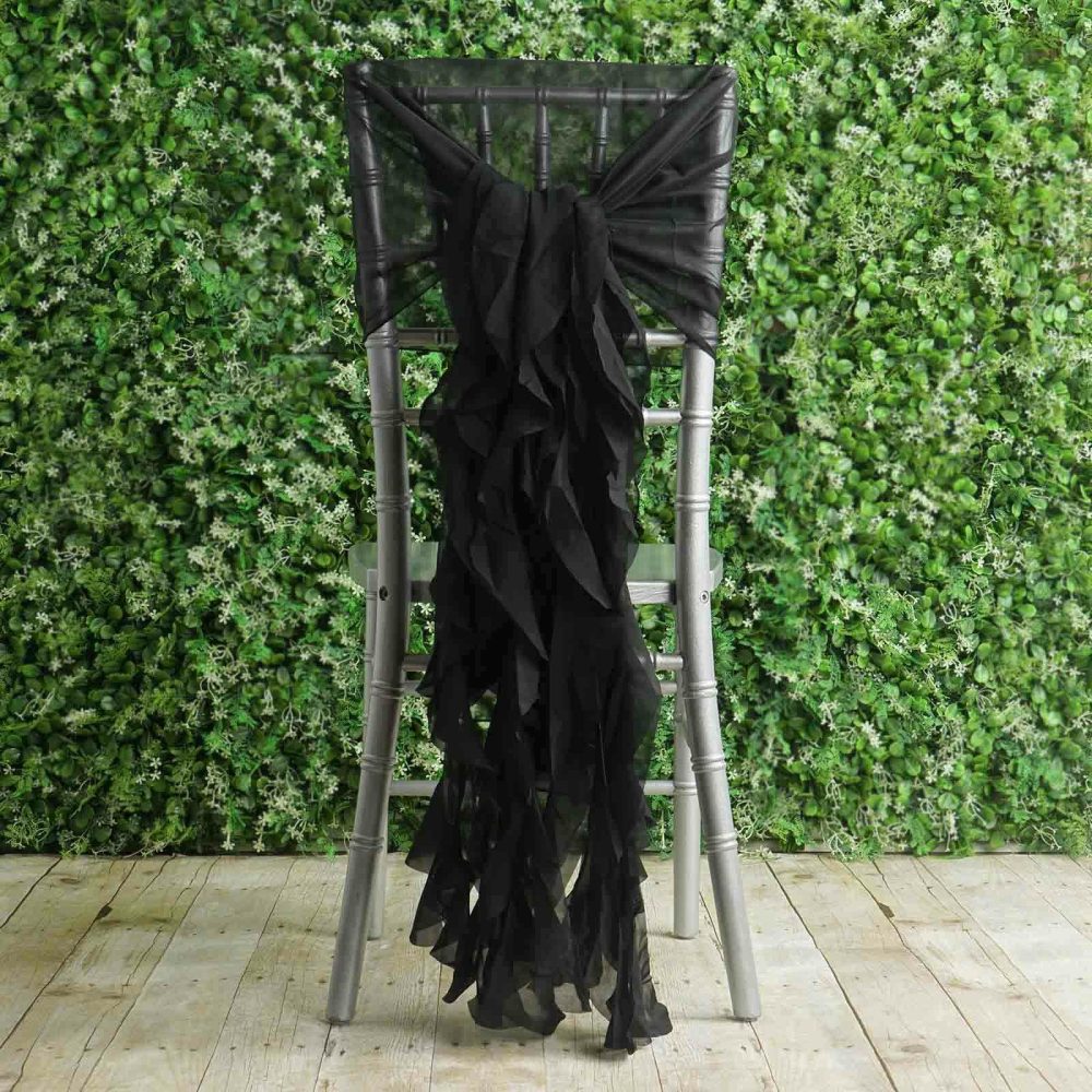 1 Set Black Chiffon Hoods With Ruffles Willow Chair Sashes  |   Organza & Chiffon Chair Sashes Black