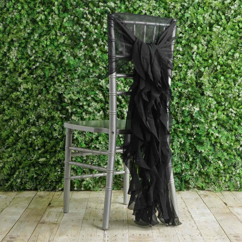 1 Set Black Chiffon Hoods With Ruffles Willow Chair Sashes  |   Organza & Chiffon Chair Sashes Black