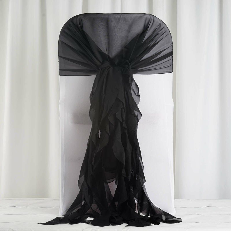 1 Set Black Chiffon Hoods With Ruffles Willow Chair Sashes  |   Organza & Chiffon Chair Sashes Black