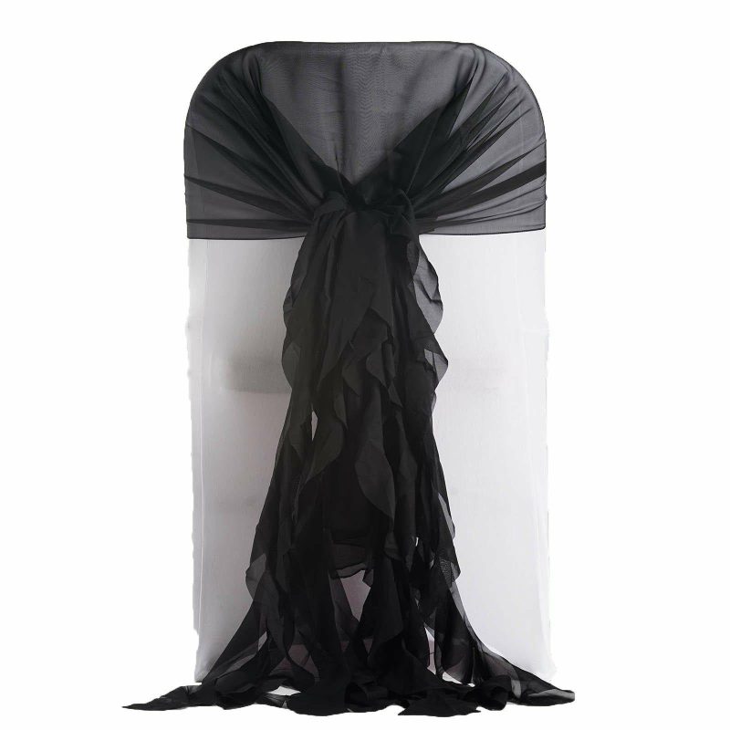 1 Set Black Chiffon Hoods With Ruffles Willow Chair Sashes  |   Organza & Chiffon Chair Sashes Black