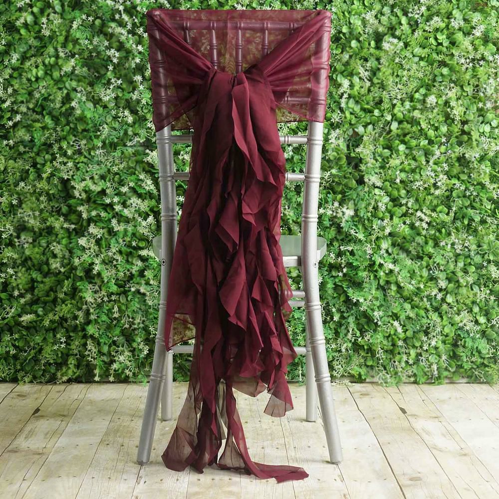 1 Set Burgundy Chiffon Hoods With Ruffles Willow Chair Sashes  |   Organza & Chiffon Chair Sashes Burgundy