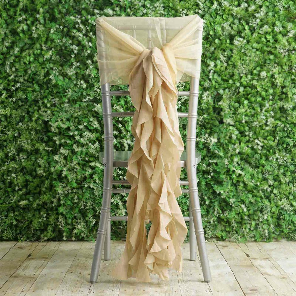 1 Set Champagne Chiffon Hoods With Ruffles Willow Chair Sashes  |   Organza & Chiffon Chair Sashes Champagne