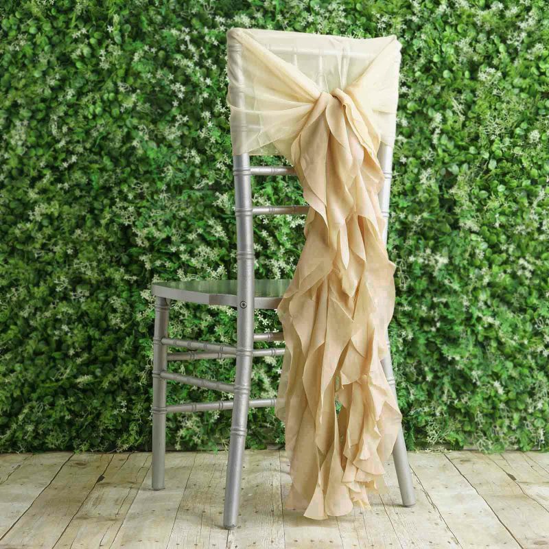 1 Set Champagne Chiffon Hoods With Ruffles Willow Chair Sashes  |   Organza & Chiffon Chair Sashes Champagne