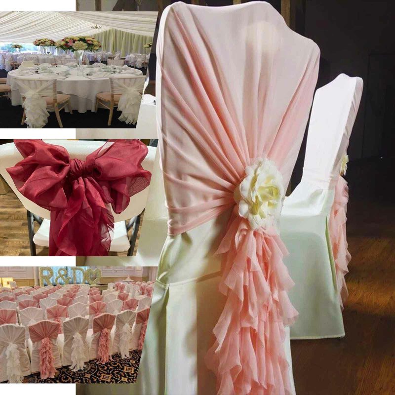 1 Set Champagne Chiffon Hoods With Ruffles Willow Chair Sashes  |   Organza & Chiffon Chair Sashes Champagne