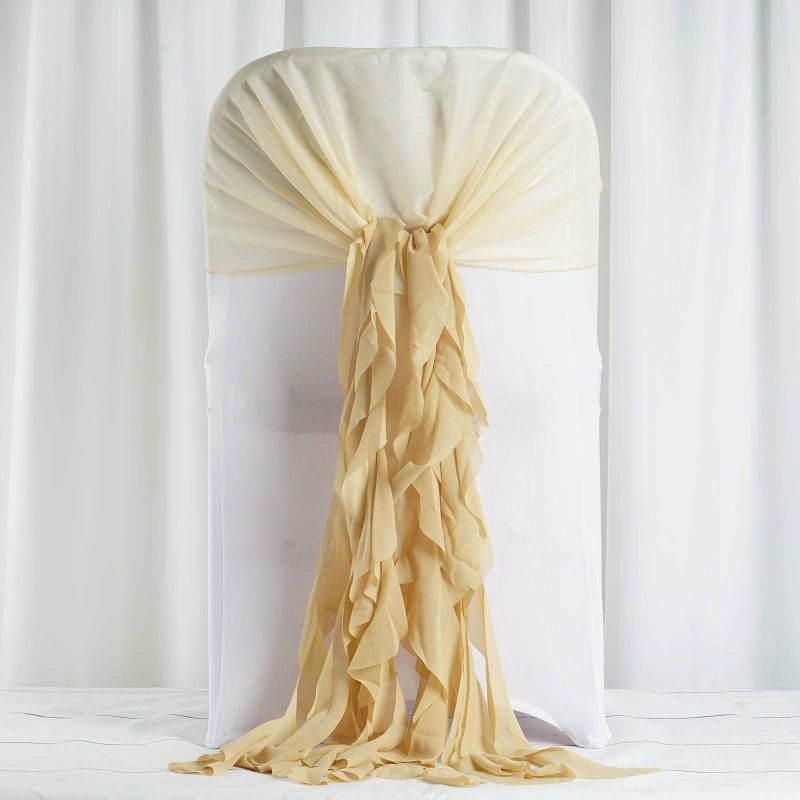 1 Set Champagne Chiffon Hoods With Ruffles Willow Chair Sashes  |   Organza & Chiffon Chair Sashes Champagne