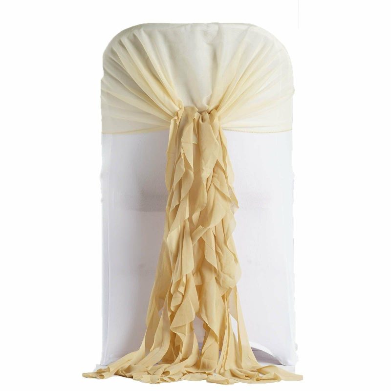 1 Set Champagne Chiffon Hoods With Ruffles Willow Chair Sashes  |   Organza & Chiffon Chair Sashes Champagne