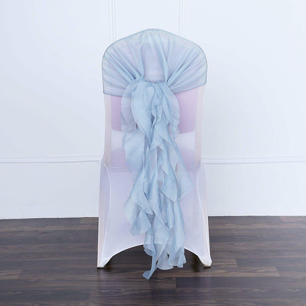 1 Set Dusty Blue Chiffon Hoods With Ruffles Willow Chair Sashes  |   Organza & Chiffon Chair Sashes Dusty Blue