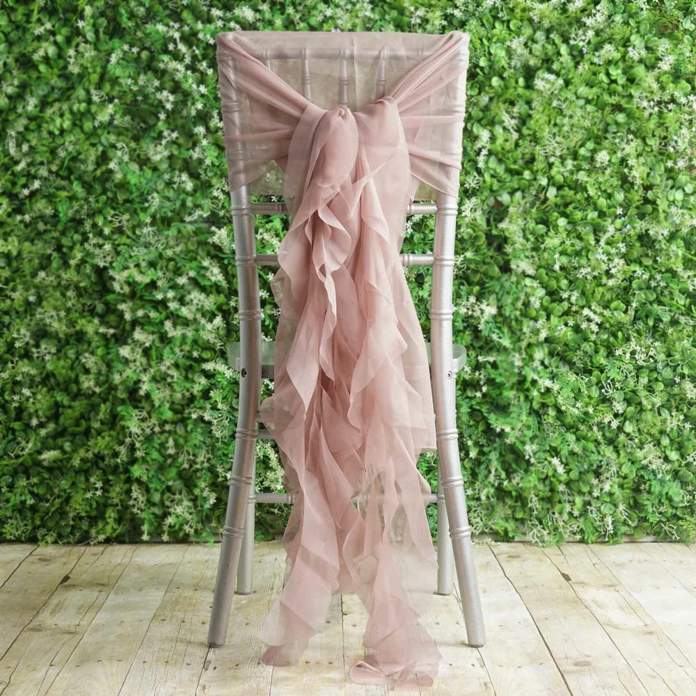 1 Set Dusty Rose Chiffon Hoods With Ruffles Willow Chair Sashes  |   Organza & Chiffon Chair Sashes Dusty rose