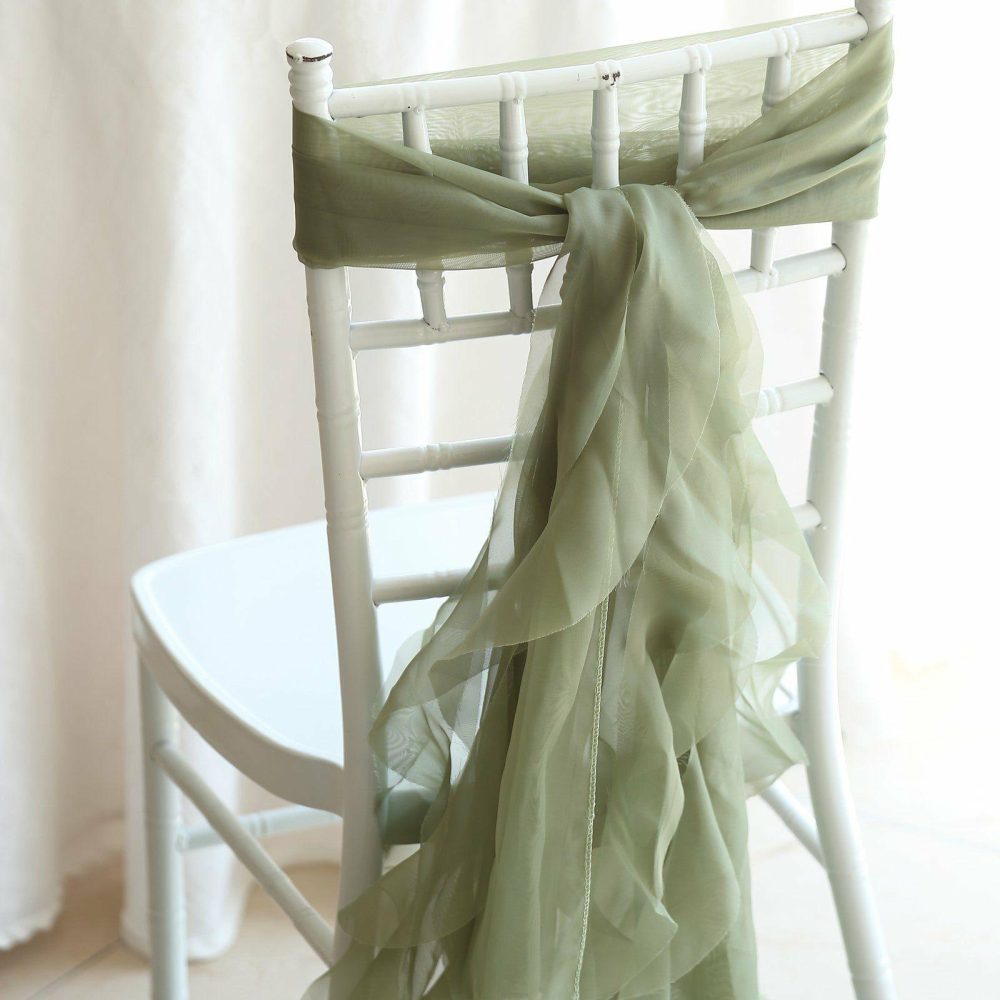 1 Set Dusty Sage Green Chiffon Hoods With Ruffles Willow Chair Sashes  |   Organza & Chiffon Chair Sashes Dusty Sage Green