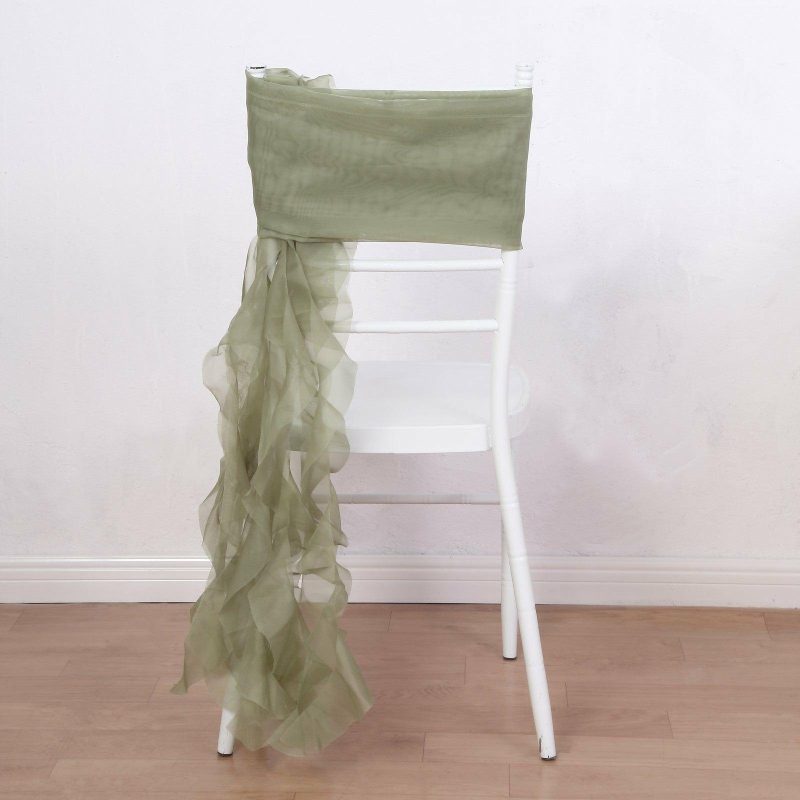 1 Set Dusty Sage Green Chiffon Hoods With Ruffles Willow Chair Sashes  |   Organza & Chiffon Chair Sashes Dusty Sage Green