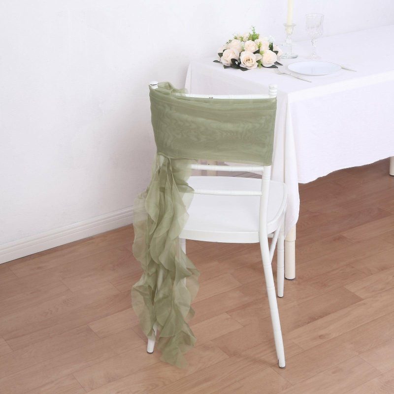 1 Set Dusty Sage Green Chiffon Hoods With Ruffles Willow Chair Sashes  |   Organza & Chiffon Chair Sashes Dusty Sage Green