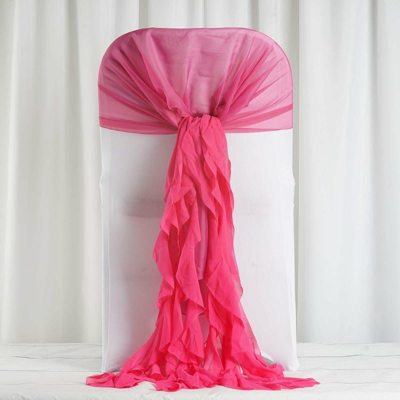 1 Set Fuchsia Chiffon Hoods With Ruffles Willow Chair Sashes  |   Organza & Chiffon Chair Sashes Fuchsia