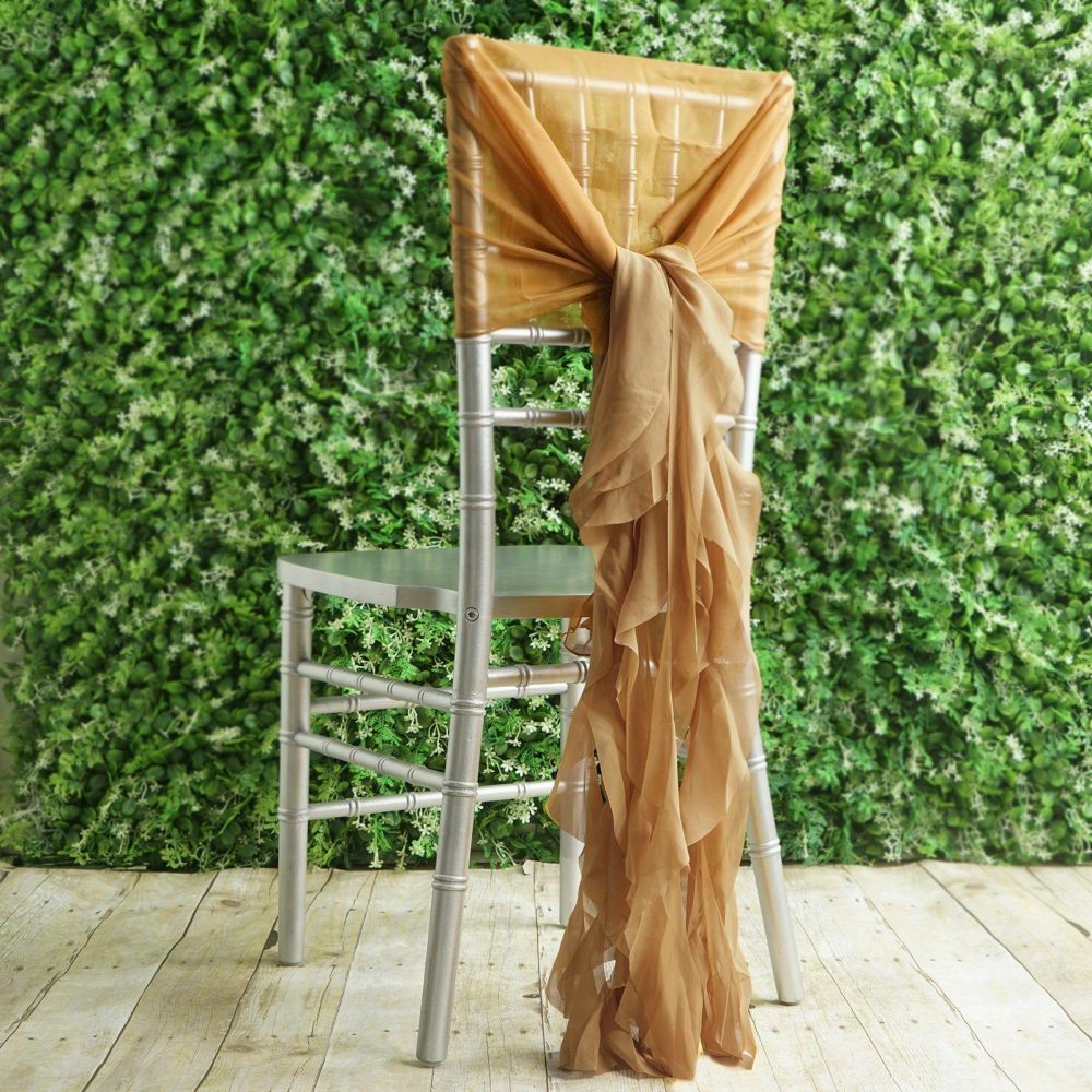 1 Set Gold Chiffon Hoods With Ruffles Willow Chair Sashes  |   Organza & Chiffon Chair Sashes Gold