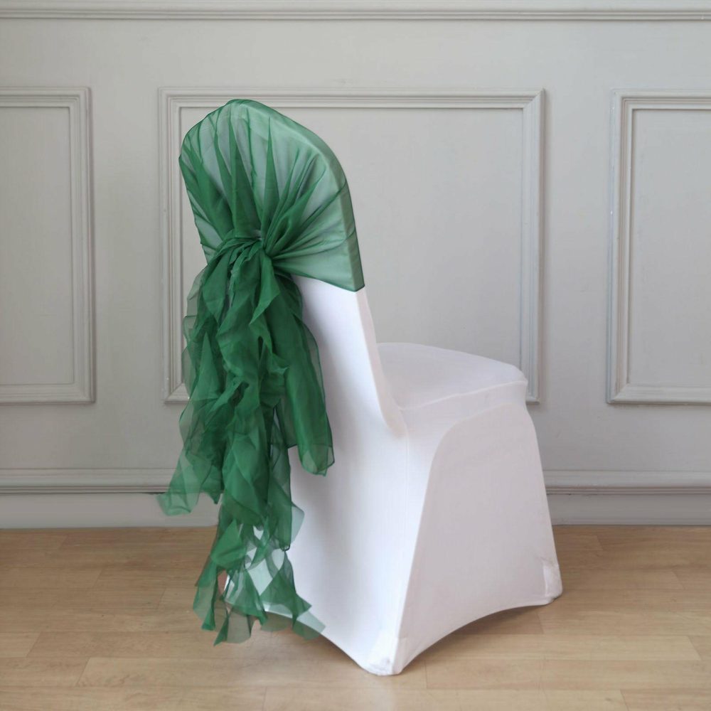 1 Set Hunter Emerald Green Chiffon Hoods With Ruffles Willow Chiffon Chair Sashes  |   Organza & Chiffon Chair Sashes Hunter Emerald Green