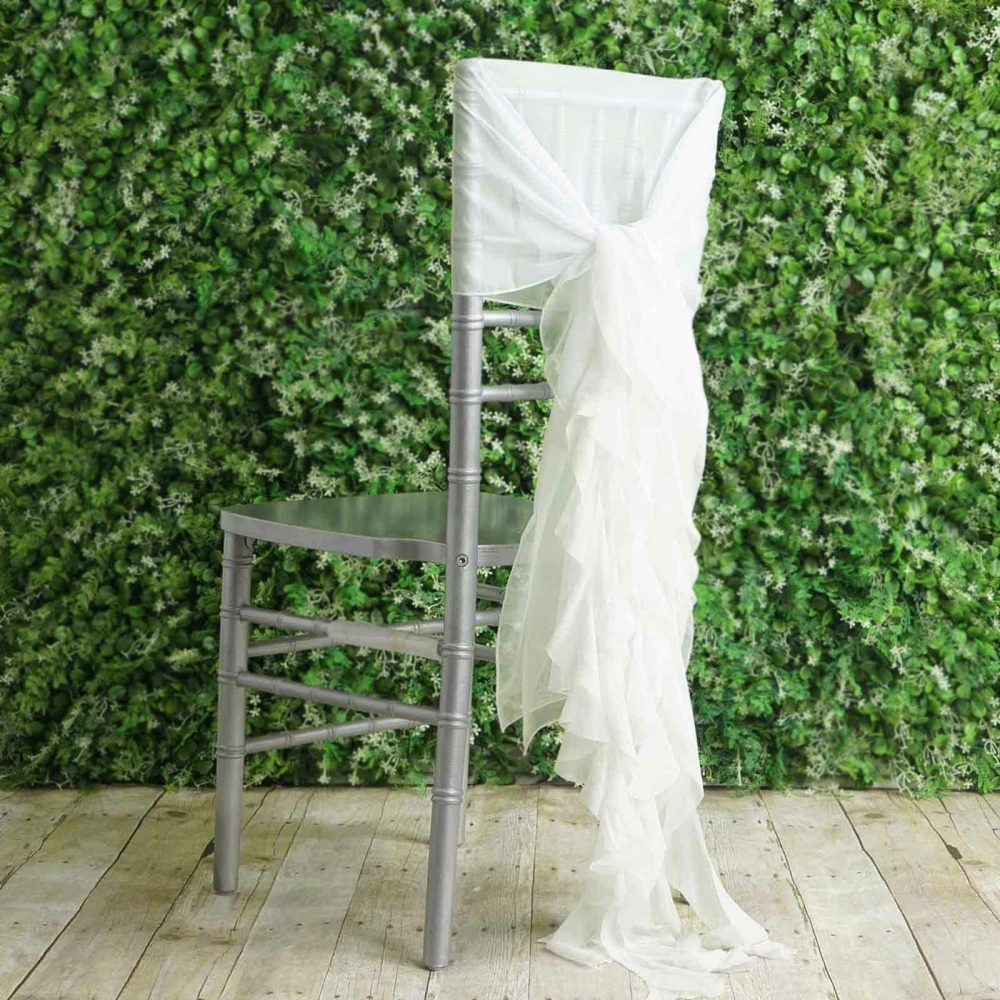 1 Set Ivory Chiffon Hoods With Ruffles Willow Chair Sashes  |   Organza & Chiffon Chair Sashes Ivory