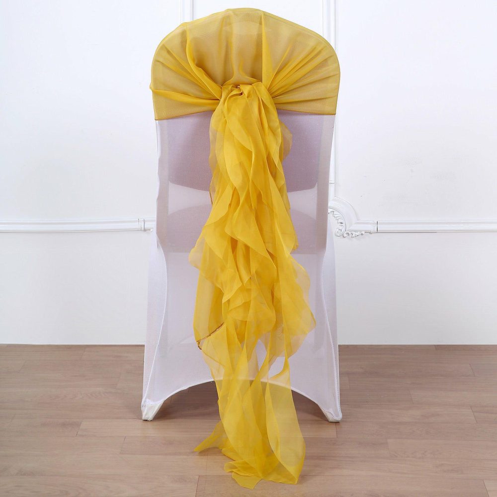 1 Set Mustard Yellow Chiffon Hoods With Ruffles Willow Chair Sashes  |   Organza & Chiffon Chair Sashes Mustard Yellow