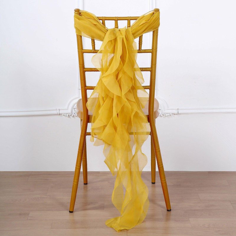 1 Set Mustard Yellow Chiffon Hoods With Ruffles Willow Chair Sashes  |   Organza & Chiffon Chair Sashes Mustard Yellow