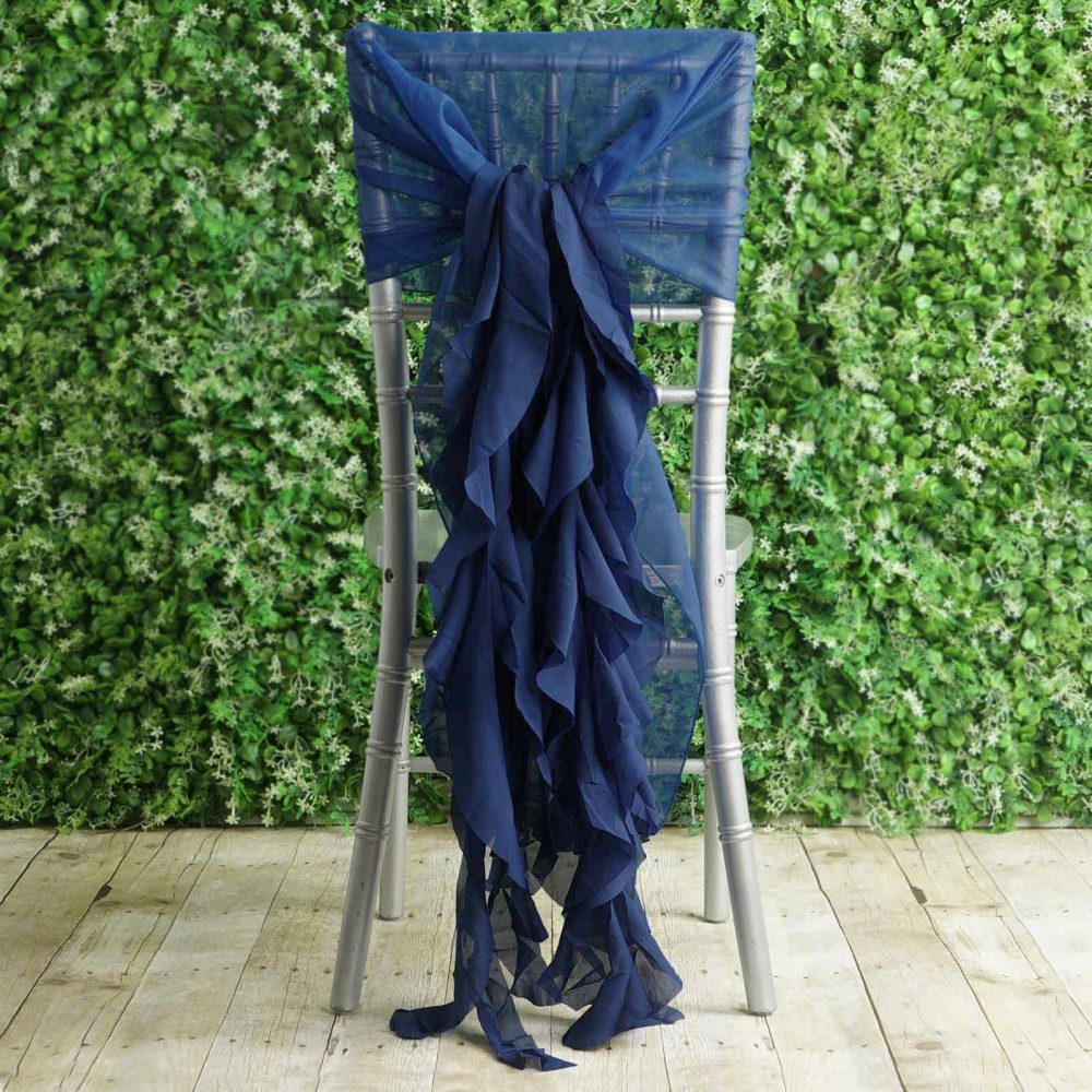 1 Set Navy Blue Chiffon Hoods With Ruffles Willow Chair Sashes  |   Organza & Chiffon Chair Sashes Navy blue