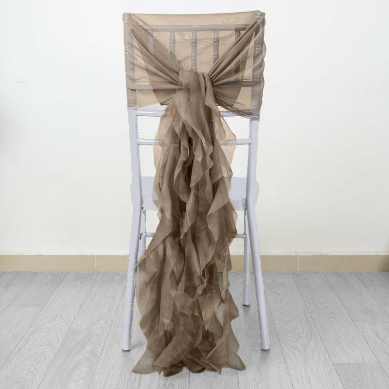 1 Set Taupe Chiffon Hoods With Ruffles Willow Chiffon Chair Sashes  |   Organza & Chiffon Chair Sashes Organza & Chiffon