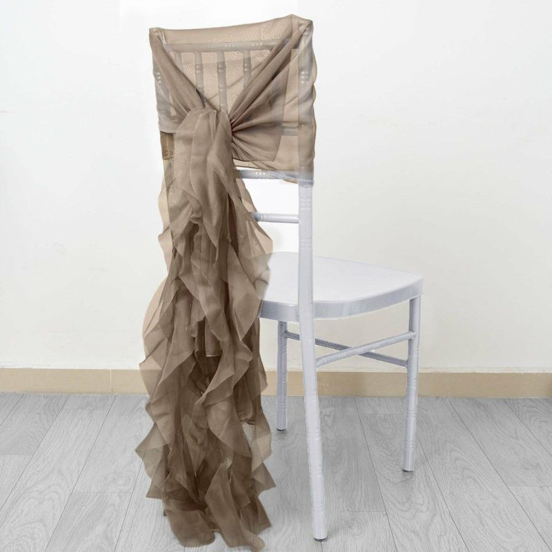 1 Set Taupe Chiffon Hoods With Ruffles Willow Chiffon Chair Sashes  |   Organza & Chiffon Chair Sashes Organza & Chiffon