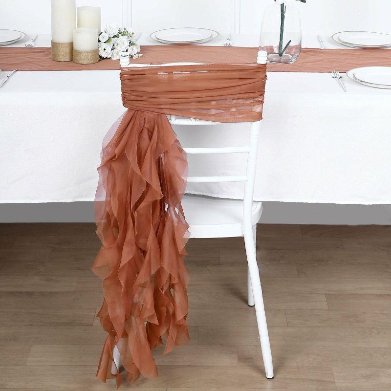 1 Set Terracotta (Rust) Chiffon Hoods With Ruffles Willow Chair Sashes  |   Organza & Chiffon Chair Sashes Organza & Chiffon