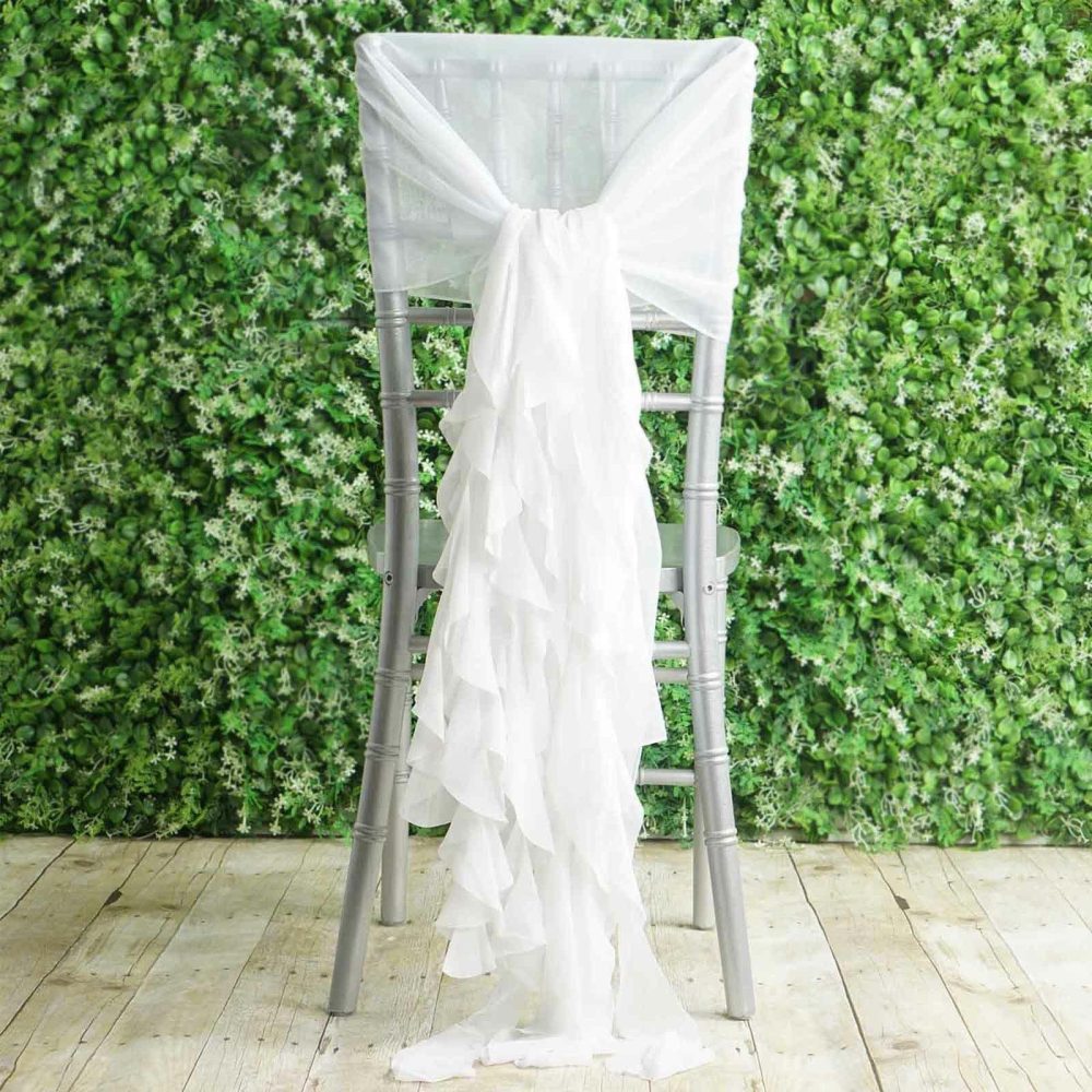 1 Set White Chiffon Hoods With Ruffles Willow Chair Sashes  |   Organza & Chiffon Chair Sashes Organza & Chiffon