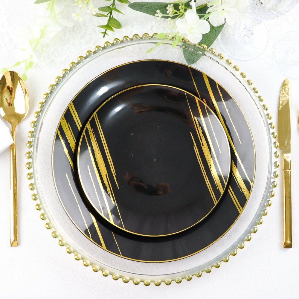 10 Pack Black and Gold Brush Stroked Round Plastic Dessert Plates, Disposable Appetizer Salad Party Plates 7″  |   Disposable Salad/Dessert Plates Disposable Plates Black/Gold