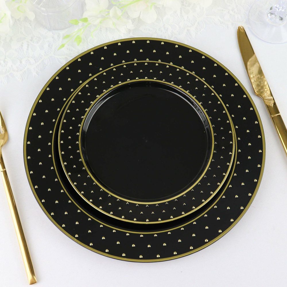 10 Pack Black / Gold 3D Round Plastic Appetizer Salad Plates, Disposable Dessert Plates With 3D Polka Dotted Rim 7.5″  |   Disposable Salad/Dessert Plates Disposable Plates Disposable Salad/Dessert Plates