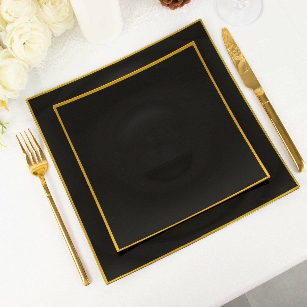 10 Pack Black / Gold Concave Modern Square Plastic Dessert Plates, Disposable Salad Appetizer Party Plates 8″  |   Disposable Salad/Dessert Plates Disposable Plates Black