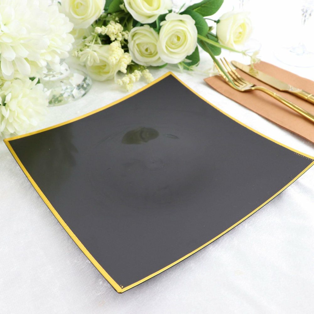 10 Pack Black / Gold Concave Modern Square Plastic Dinner Plates, Disposable Party Plates 10″  |   Disposable Dinner Plates Disposable Dinner Plates Black/Gold