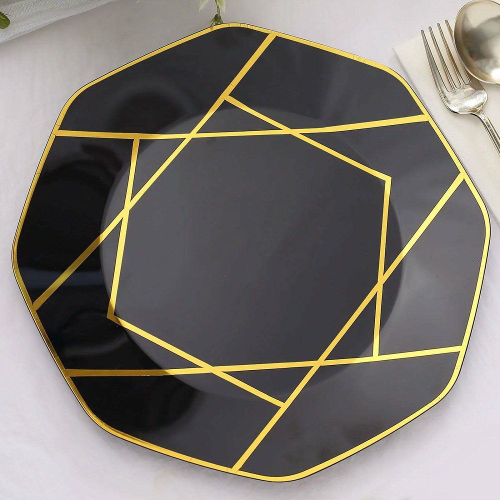 10 Pack Black / Gold Geometric Design Plastic Dinner Plates, Disposable Octagon Party Plates 10″  |   Disposable Dinner Plates Disposable Dinner Plates Black/Gold