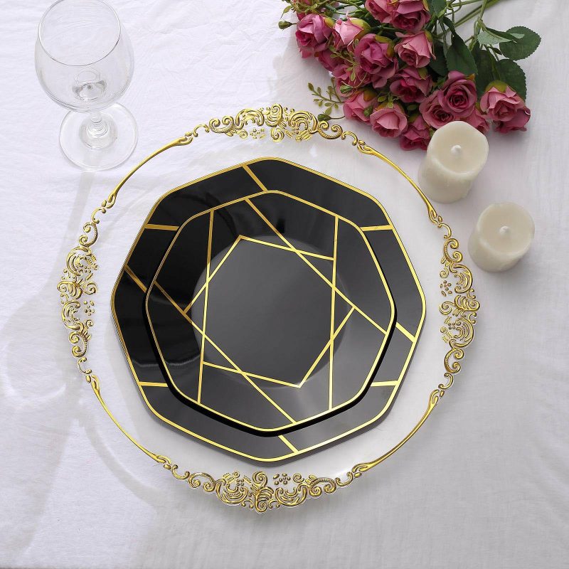 10 Pack Black / Gold Geometric Design Plastic Dinner Plates, Disposable Octagon Party Plates 10″  |   Disposable Dinner Plates Disposable Dinner Plates Black/Gold