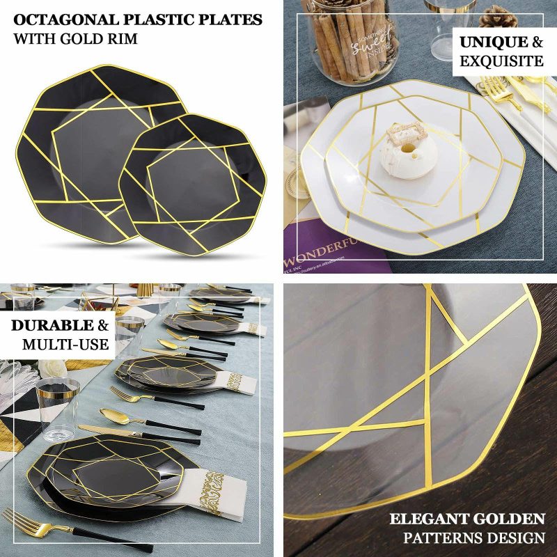 10 Pack Black / Gold Geometric Design Plastic Dinner Plates, Disposable Octagon Party Plates 10″  |   Disposable Dinner Plates Disposable Dinner Plates Black/Gold