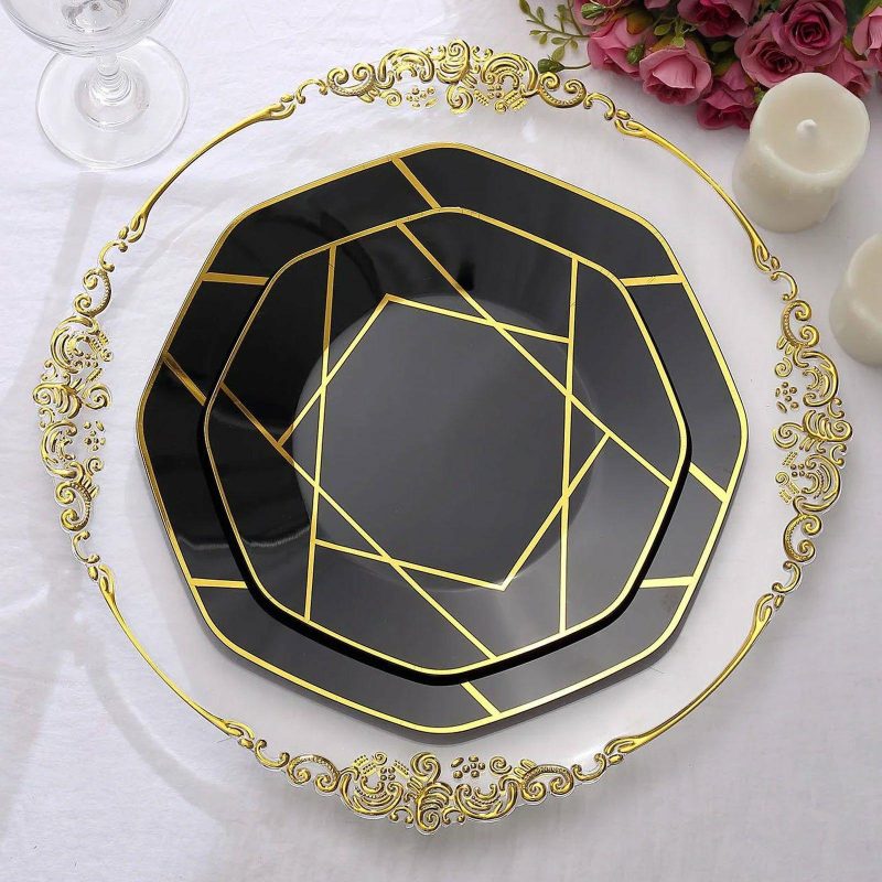 10 Pack Black / Gold Geometric Design Plastic Dinner Plates, Disposable Octagon Party Plates 10″  |   Disposable Dinner Plates Disposable Dinner Plates Black/Gold