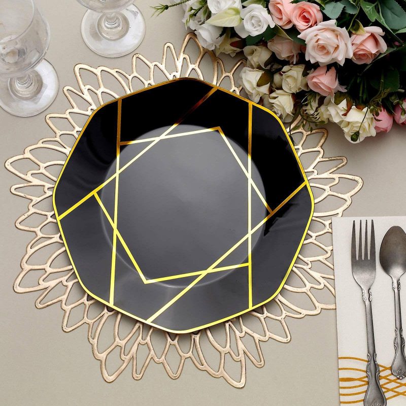 10 Pack Black / Gold Geometric Design Plastic Dinner Plates, Disposable Octagon Party Plates 10″  |   Disposable Dinner Plates Disposable Dinner Plates Black/Gold