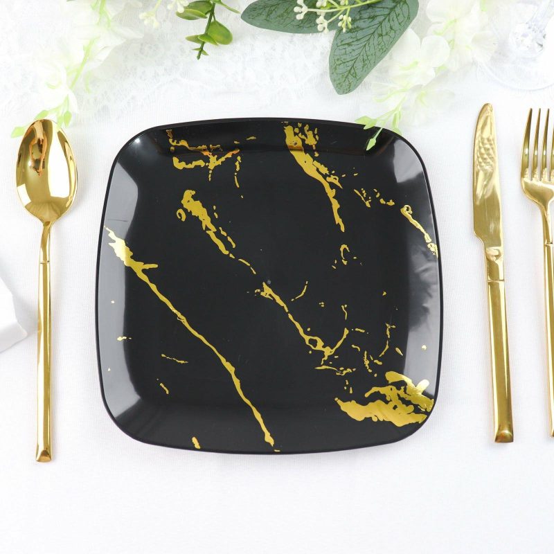 10 Pack Black / Gold Marble Square Plastic Dessert Plates, Disposable Appetizer Salad Party Plates 8″  |   Disposable Salad/Dessert Plates Disposable Plates Black/Gold