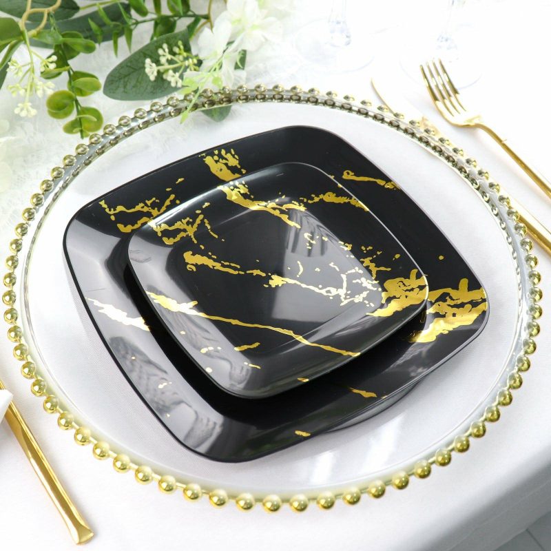 10 Pack Black / Gold Marble Square Plastic Dessert Plates, Disposable Appetizer Salad Party Plates 8″  |   Disposable Salad/Dessert Plates Disposable Plates Black/Gold