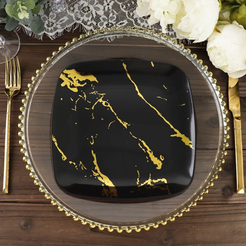 10 Pack Black / Gold Marble Square Plastic Dessert Plates, Disposable Appetizer Salad Party Plates 8″  |   Disposable Salad/Dessert Plates Disposable Plates Black/Gold