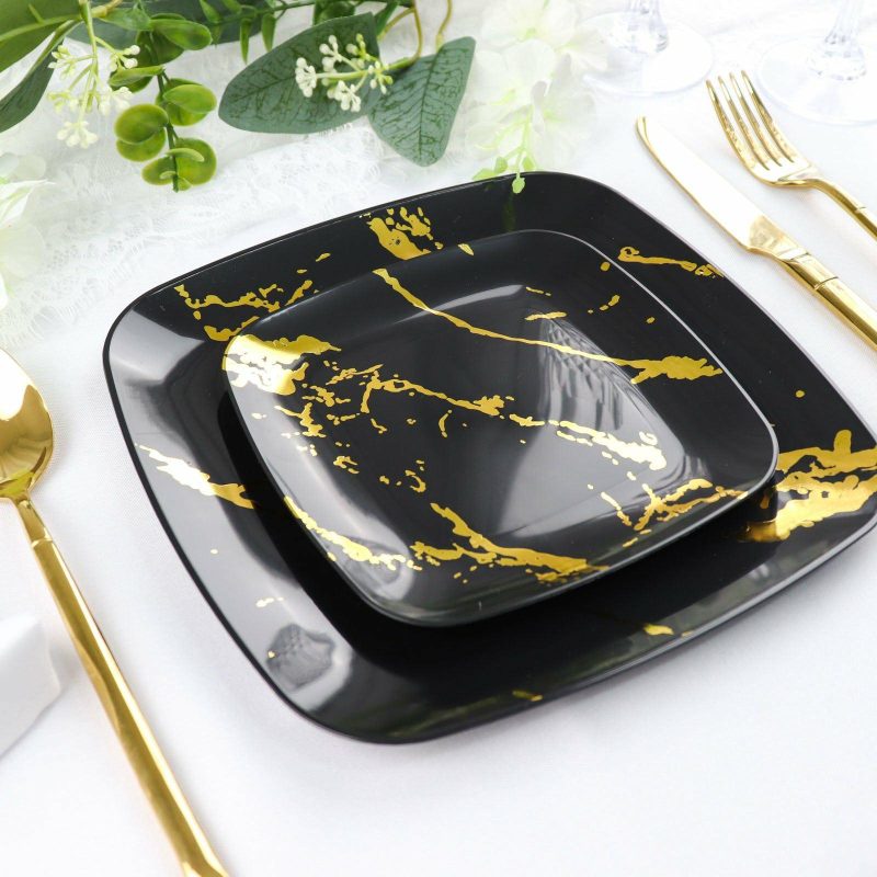 10 Pack Black / Gold Marble Square Plastic Dessert Plates, Disposable Appetizer Salad Party Plates 8″  |   Disposable Salad/Dessert Plates Disposable Plates Black/Gold