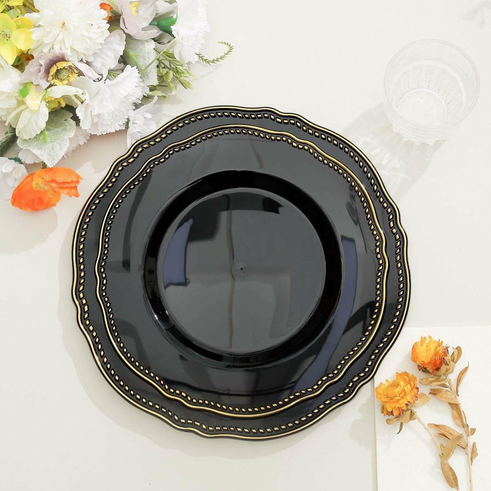 10 Pack Black / Gold Scalloped Rim Plastic Dinner Plates, Disposable Party Plates 9″  |   Disposable Dinner Plates Disposable Dinner Plates Black/Gold