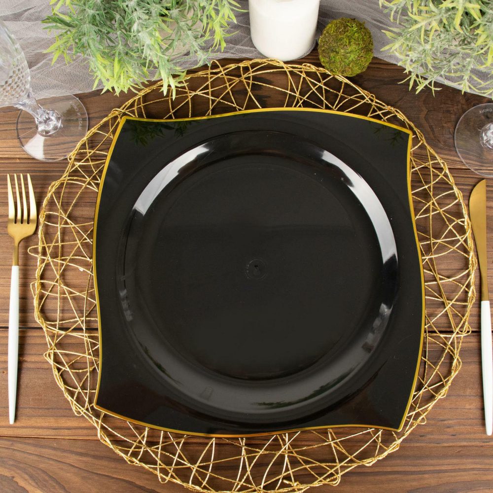 10 Pack Black / Gold Wavy Rim Modern Square Plastic Dinner Plates, Disposable Party Plates 10″  |   Disposable Dinner Plates Disposable Dinner Plates Black