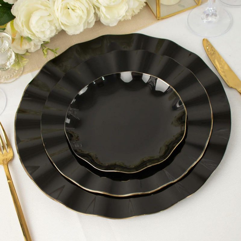 10 Pack Black Hard Plastic Dessert Plates with Gold Ruffled Rim, Heavy Duty Disposable Salad Appetizer Dinnerware 6″  |   Disposable Salad/Dessert Plates Disposable Plates Black/Gold