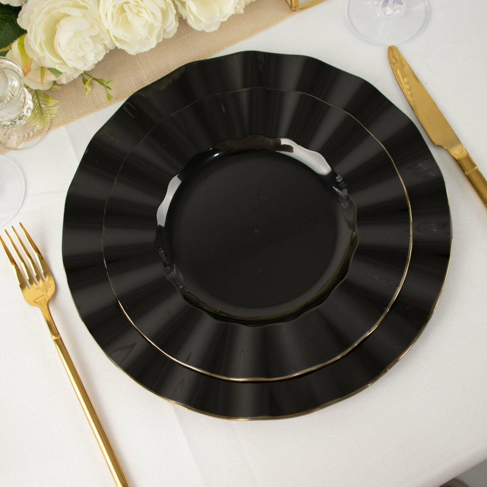 10 Pack Black Hard Plastic Dinner Plates with Gold Ruffled Rim, Heavy Duty Disposable Dinnerware 9″  |   Disposable Dinner Plates Disposable Dinner Plates Black/Gold